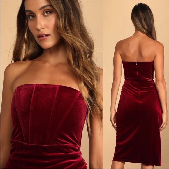 Red Wine Velvet Strapless Corset Bustier Tulip Dress 🌿 - Picture 4 of 9